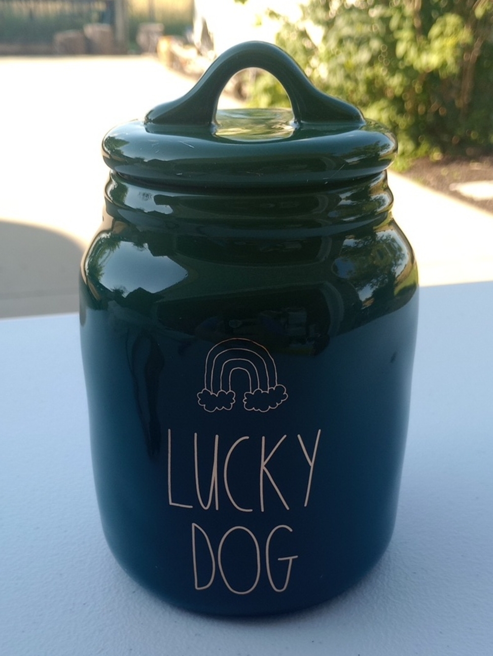 Rae Dunn Lucky Dog Treat Jar - Deep Green Ceramic Canister NIB